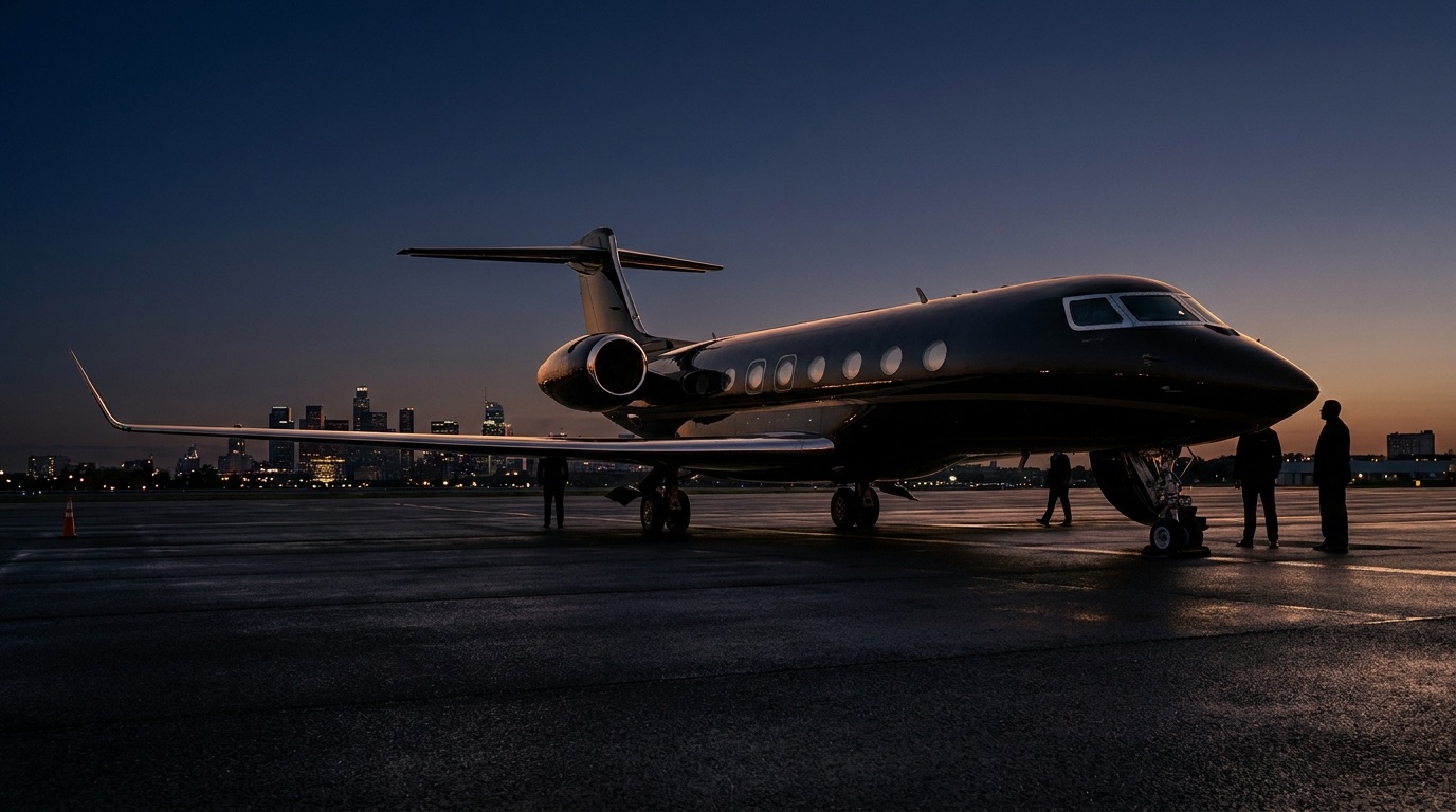Luxury private jet at dusk